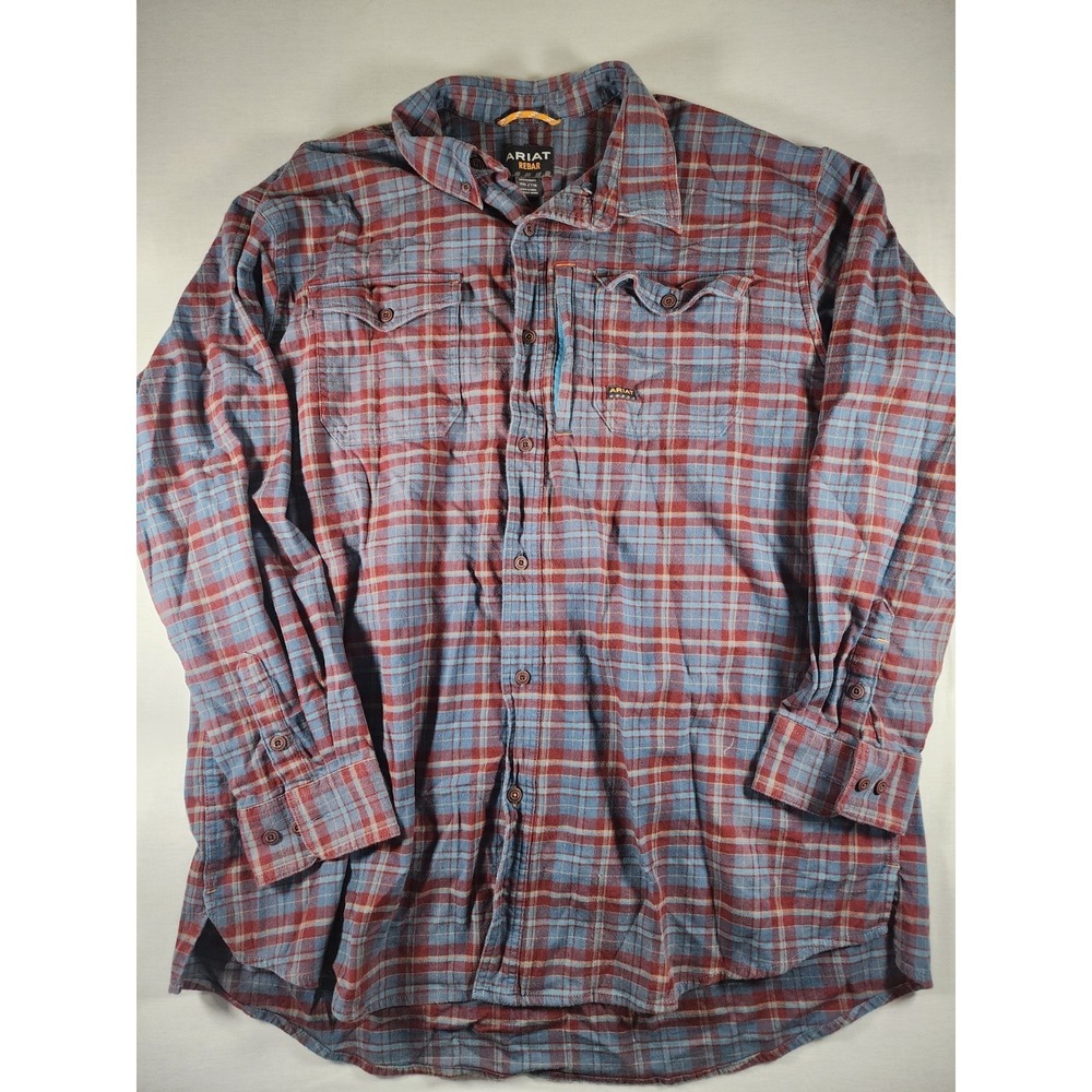 Ariat Rebar Mens XXL Red Blue Plaid Button Down Work Shirt Cargo Zipper Pocket